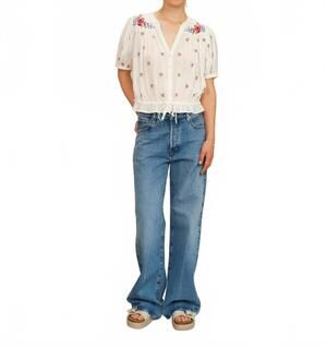 NEW M.A.B.E. harlie embroidered short sleeve top in ecru/multi